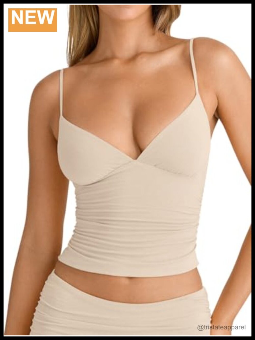 Women's V Neck Ruched Cami Top Sleeveless Double Layer Fitted Crop Tank